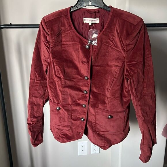 Free People Becky Stretch Velvet Jacket Red L - Picture 3 of 9